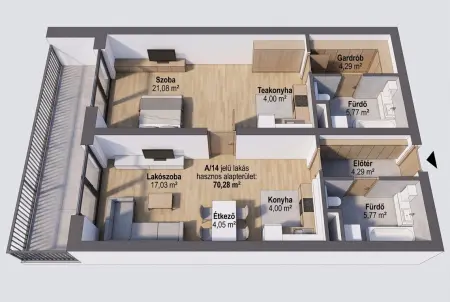 Eladó új építésű téglalakás, Budapest, VIII. kerület 2 szoba 70 m² 128.16 M Ft